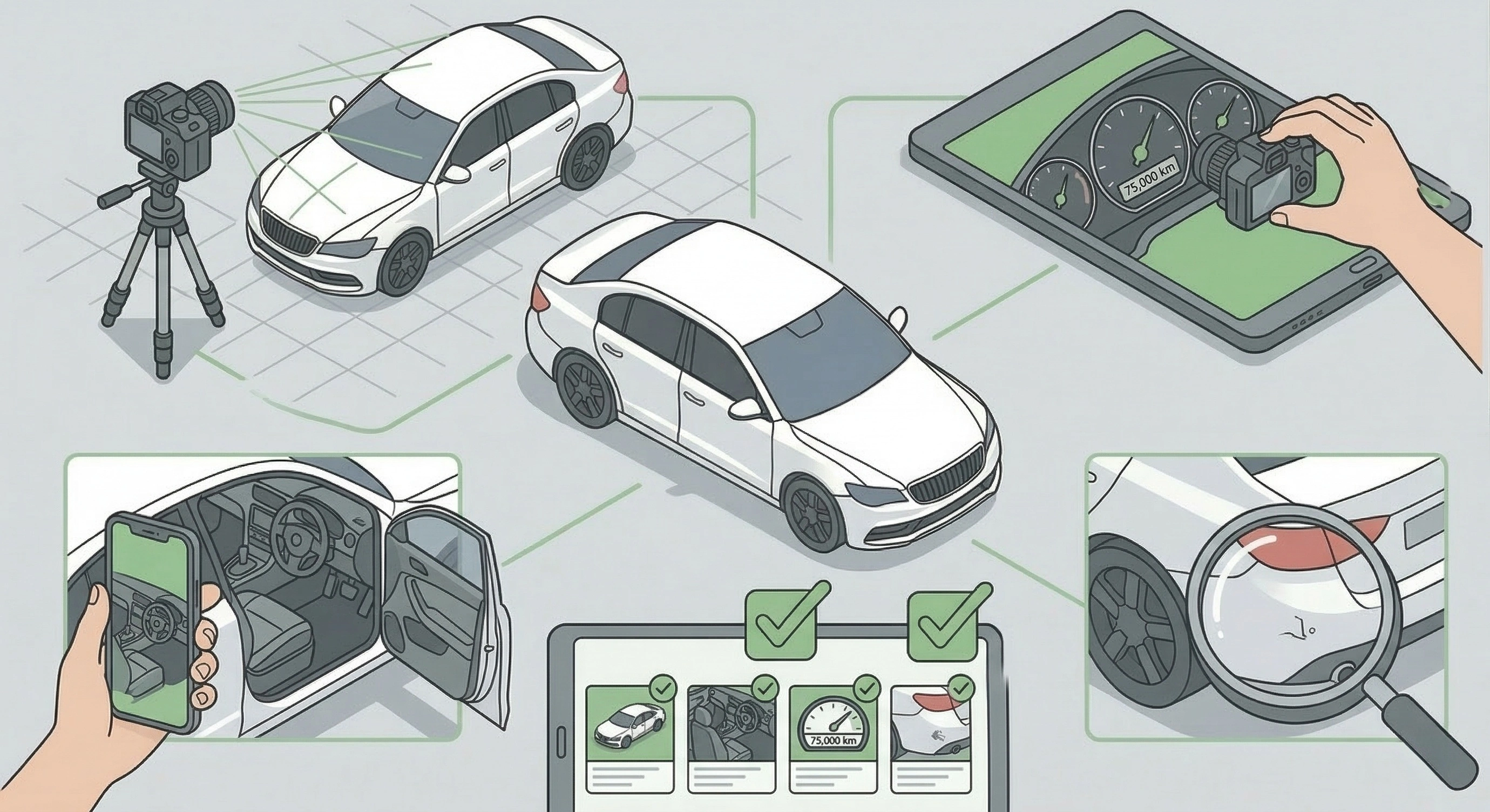 Põhiline fotode komplekt auto müügiks: kere, salong, läbisõit ja nähtavad nüansid